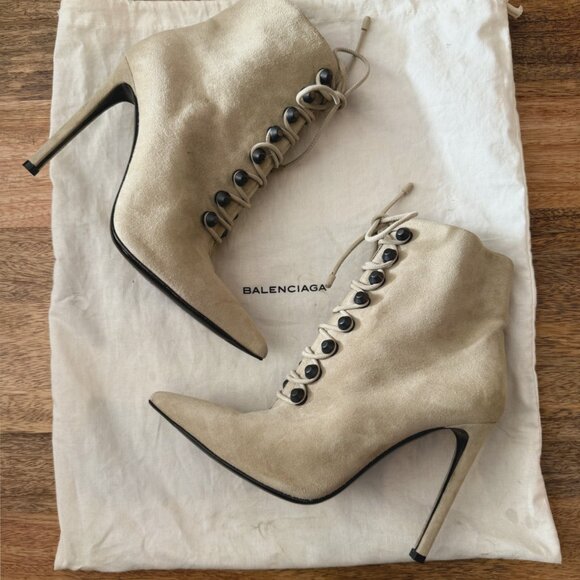 Balenciaga Beige Lace-Up Heeled Boots - Never Worn - 6.5 / 36.5 - Picture 5 of 7
